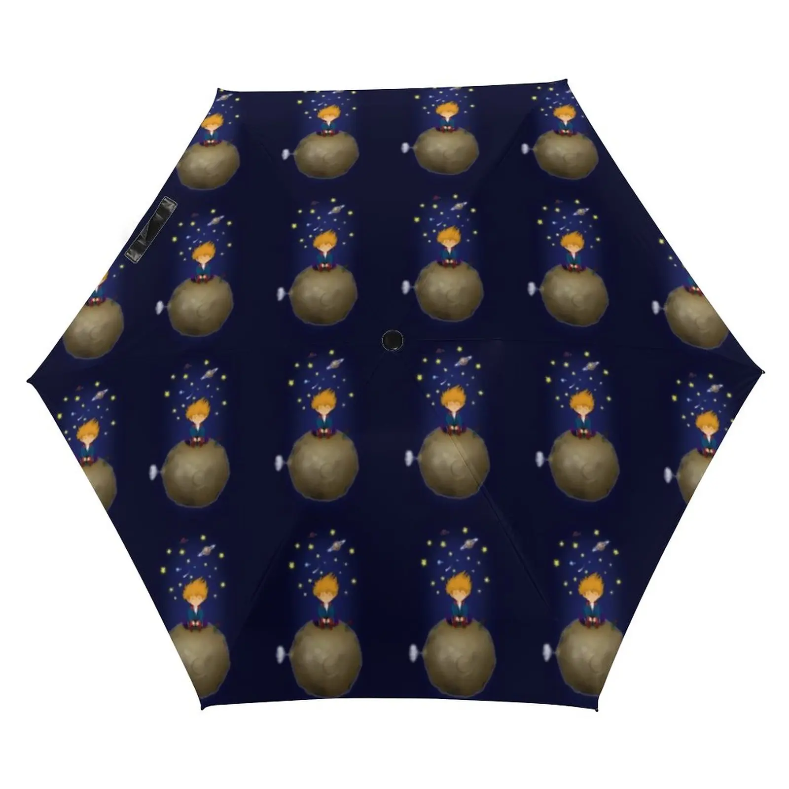 Guarda-chuva pequeno príncipe com 3 dobras, raposa fofa e estrelas, resistente ao vento, guarda-chuva de bolso, não automático, para homens e mulheres