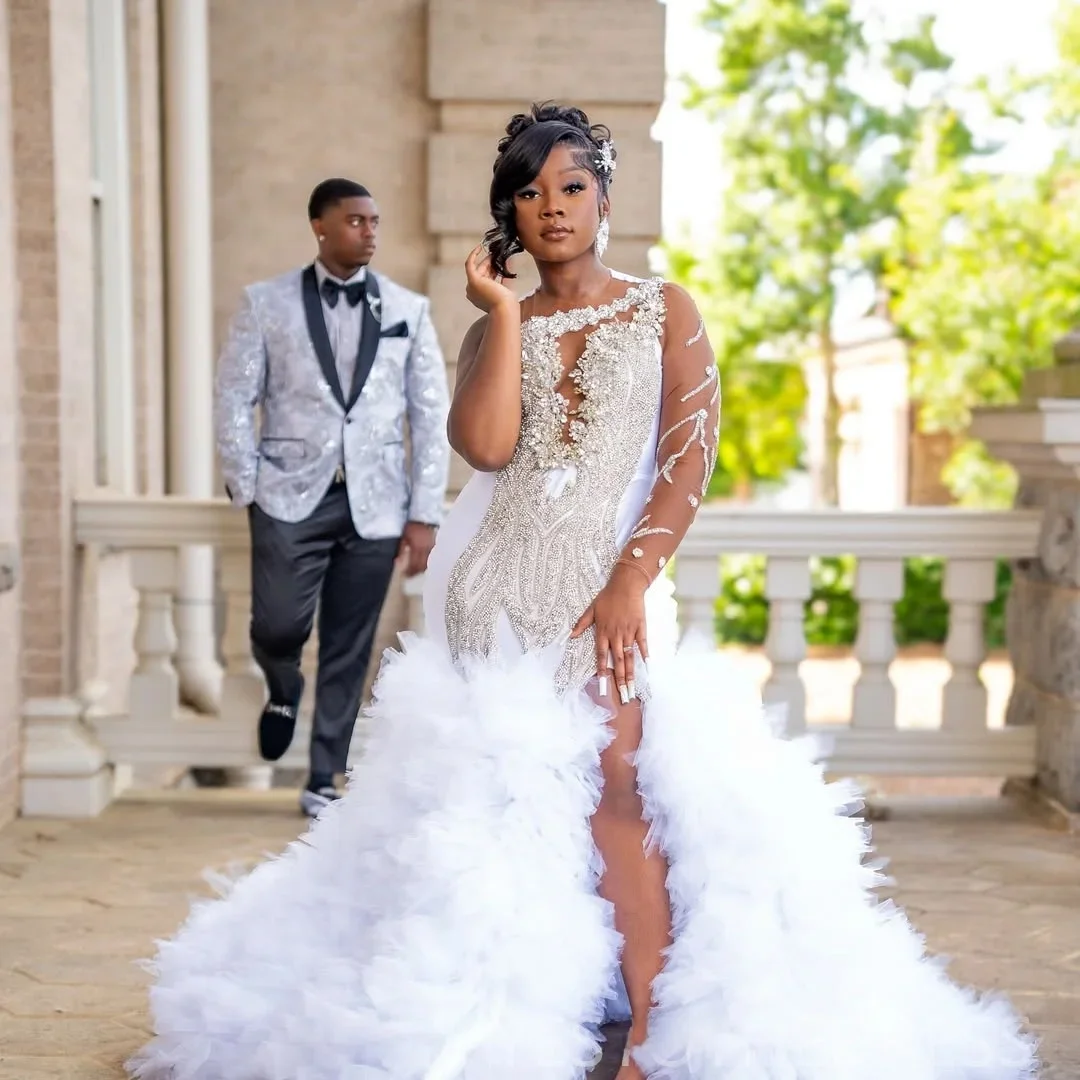 Customized Sparkly Crystals Beads High Split Tiers Wedding Dress Robe De Mariée Plus Size One  Long Sleeve Mermaid Bridal Gown