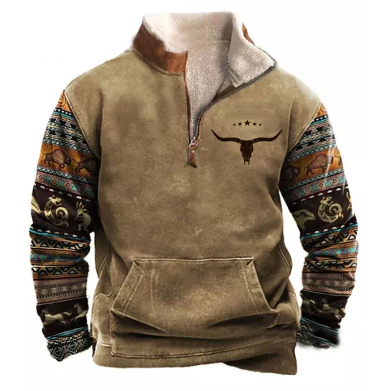 Vintage Patchwork Sweatshirts Men Fleece Hoodie Fall Casual Long Sleeve Zipper Sweatshirt Men's Clothing Winter Leisure Pullover 