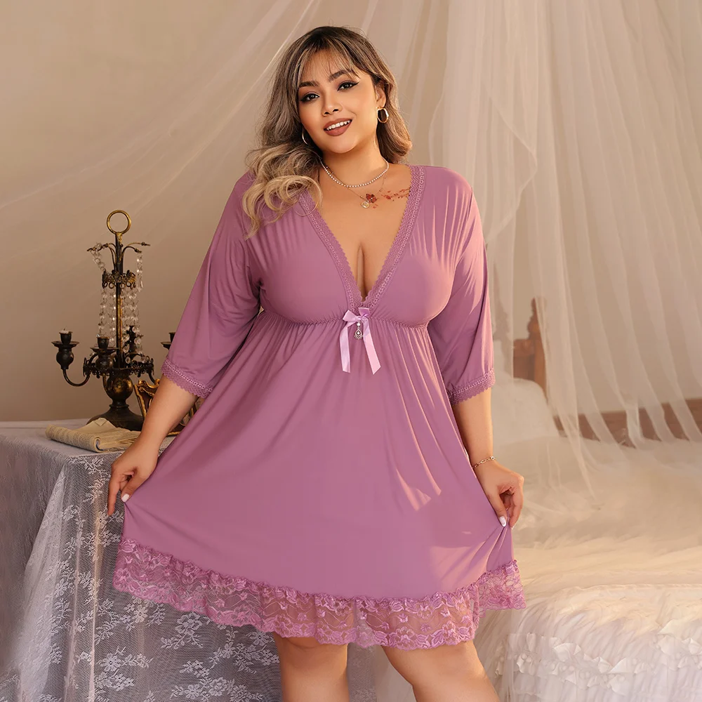 Plus Size Women Lace Trim Cami Nightgown - Ruffle Bowknot A-Line Sleep Dress, Soft Pink Sweet Lingerie Nightwear, Sexy Short Sli
