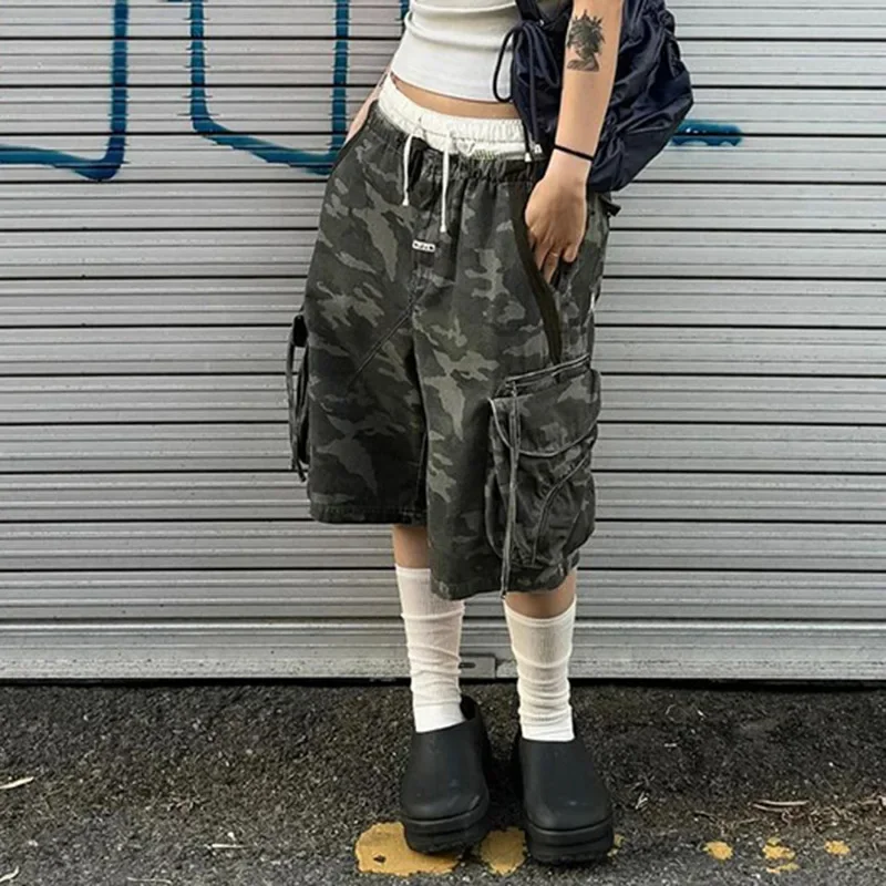 

Streetwear Camouflage Middle Cargo Pants Fashion Pockets Jeans Casual All-match Women Denim Middle Pants Summer Bottoms