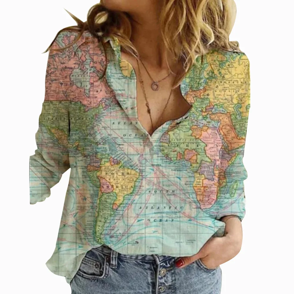 2024 Autumn fashion new top map depicting print slim fit long sleeved button up shirt for women image 5