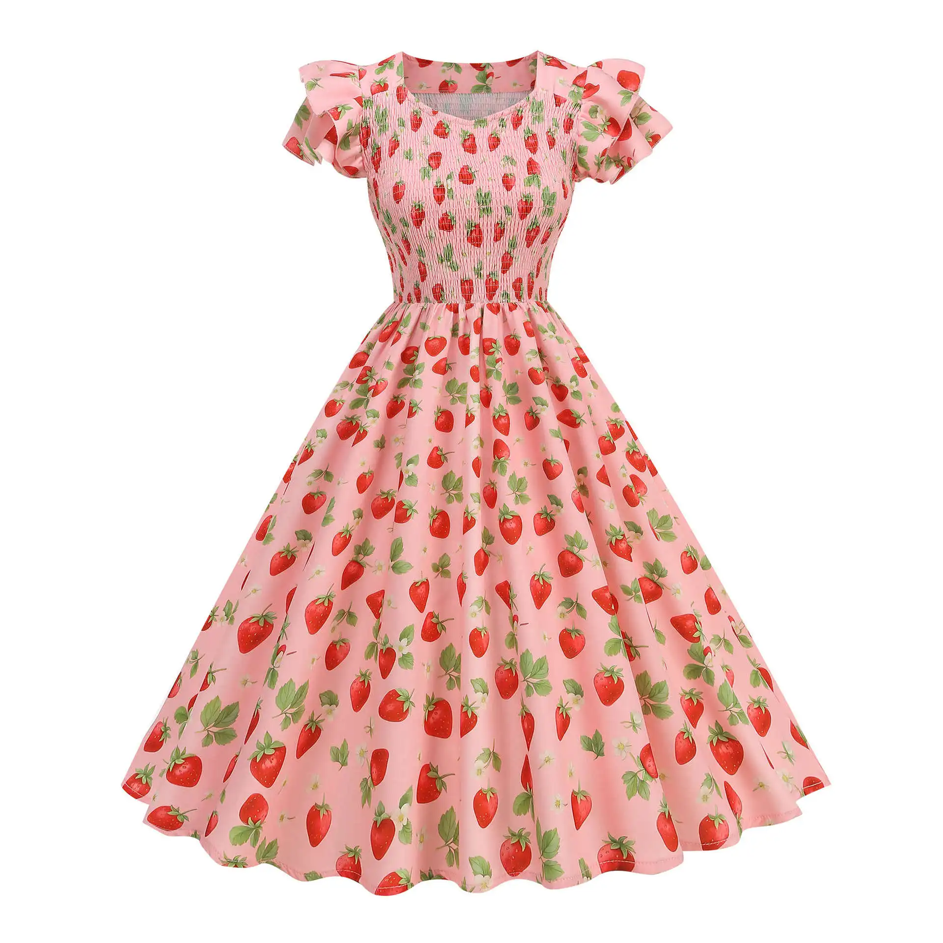 50s Hepburn Vintage Strawberry Orange Print Princess Elegant Dress Women Puff Sleeve Smocking Waist Rockabilly Swing Dresses