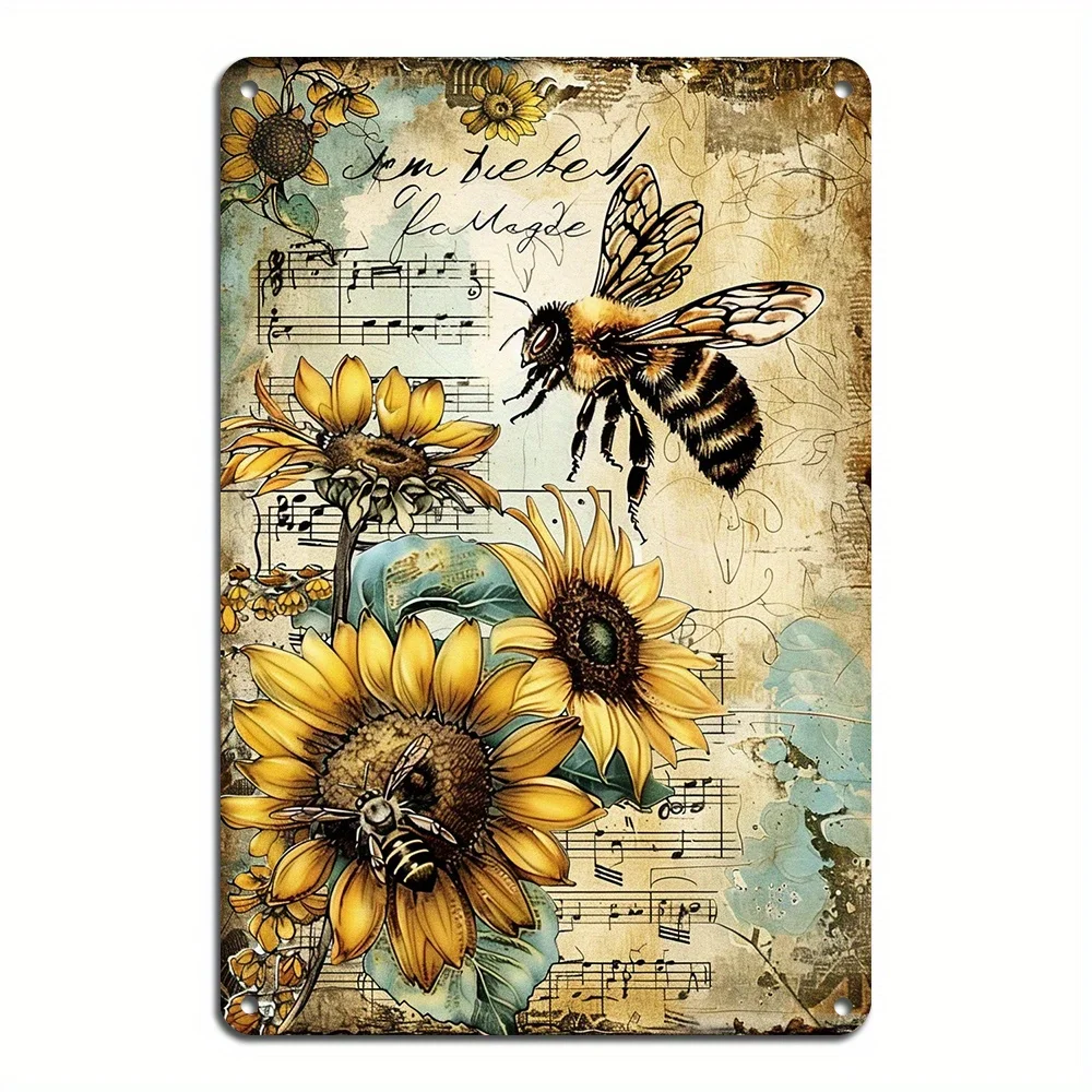 

Vintage Rustic Sunflowers & Bees Wall Art Waterproof Iron Decorative Sign Pre-punched Suitable for Outdoor Home Decoration