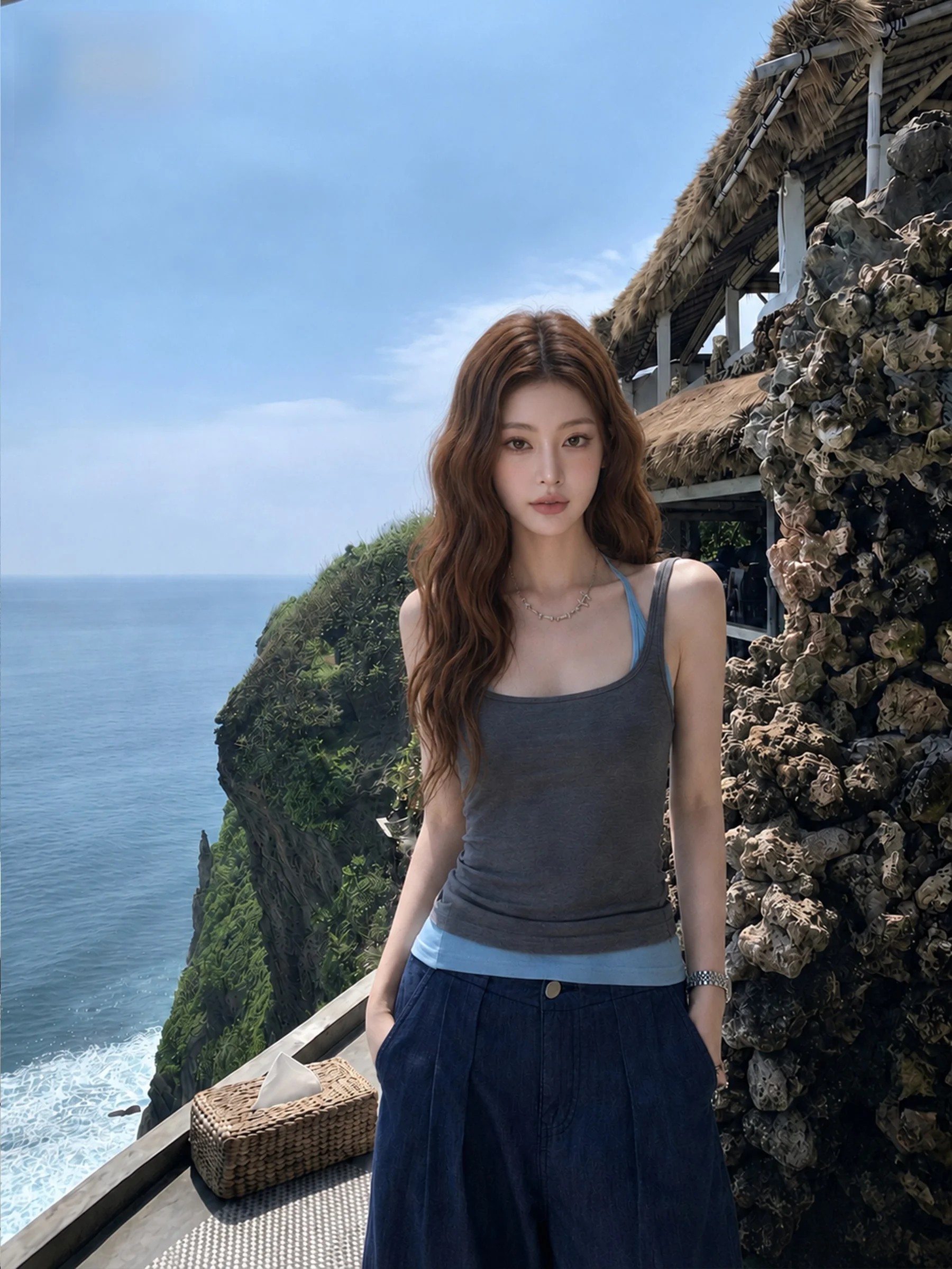

American Style Spicy Girl Color Block Crop Top Women's Fashion Slim Fit Summer Outerwear Vest U-Neckline Casual Wear