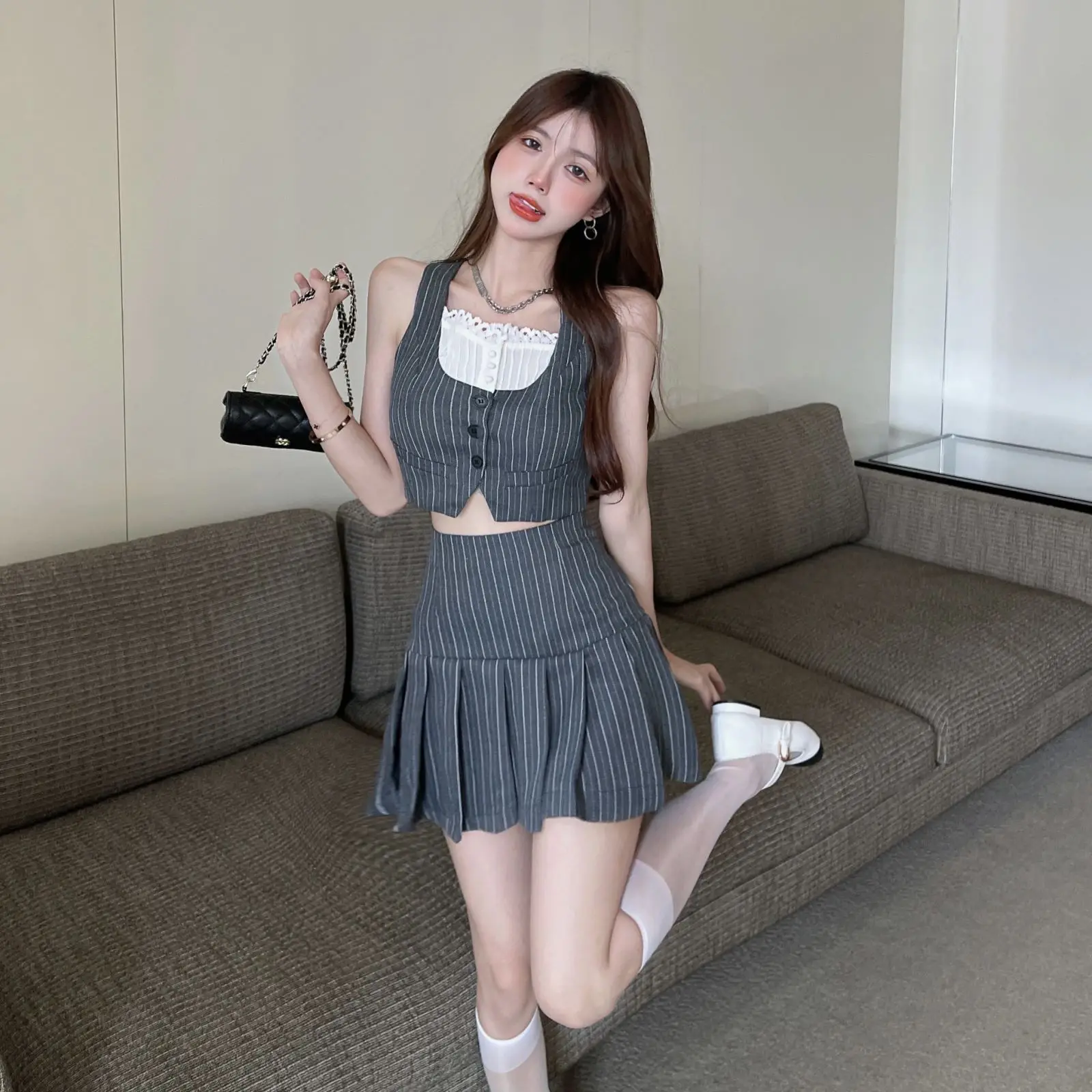 Grey Striped Patchwork Iace Women 2-Piece Set Button Sleeveless Vest + Pleated Skirt Summer Japanese Preppy Style Cute Girl Suit