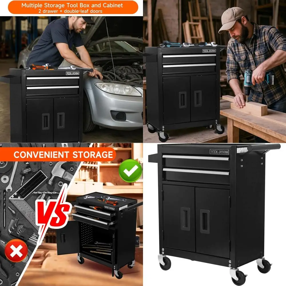 

Portable Rolling Tool Cabinet with Lockable Drawers for Workshop and Garage (2-Drawer, Black)