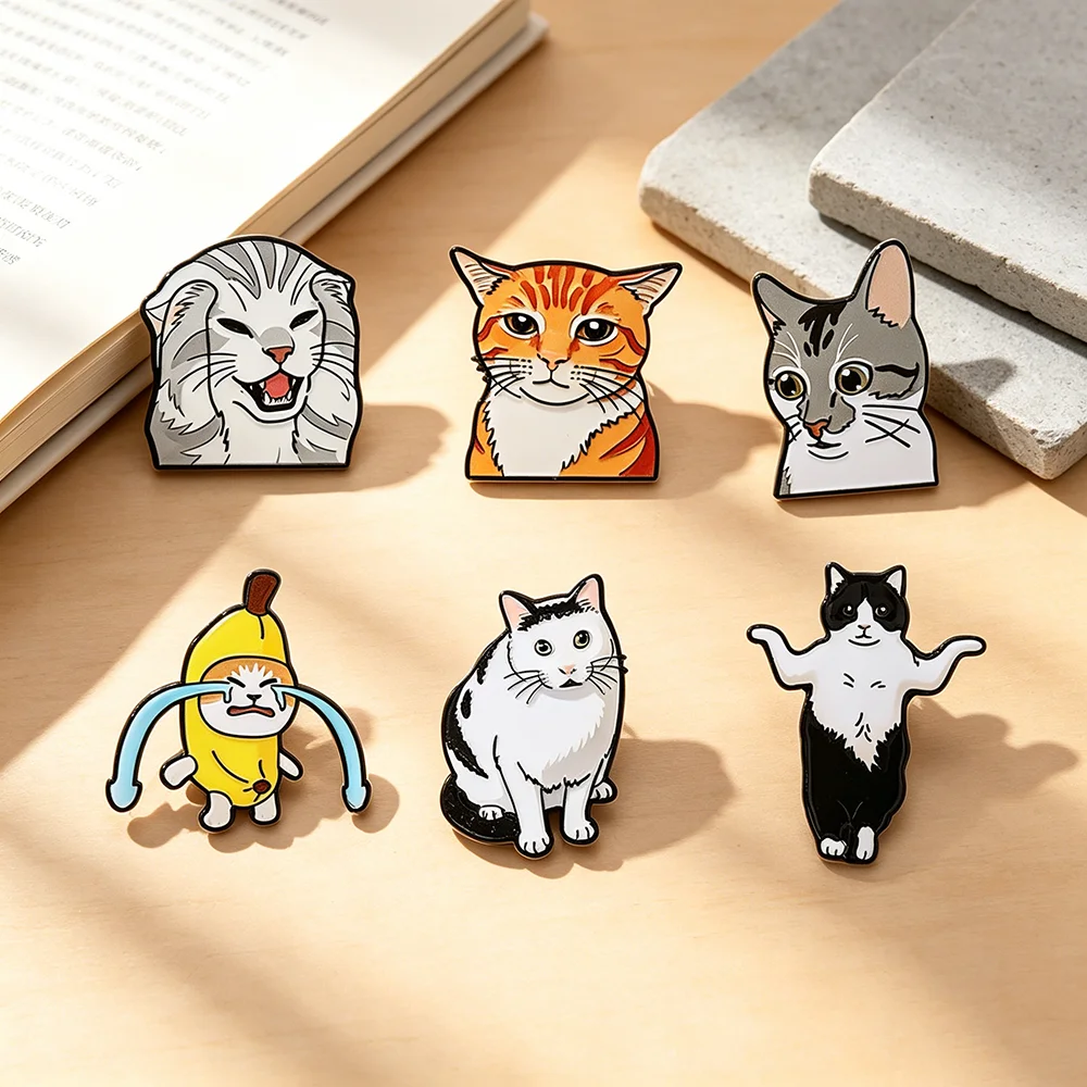 6Pcs Funny Cat Enamel Pins Set Cute Meme Kitten Metal Lapel Brooches, Cartoon Banana Crying Cat Orange Tabby Badges for Backpack