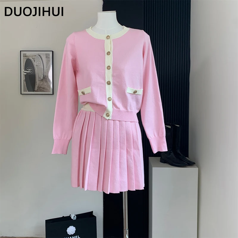 DUOJIHUI Two Piece Fashion Loose Knitted Autumn Female Cardigan New Simple Skirt Chic Single Breasted Spell Color Women Cardigan