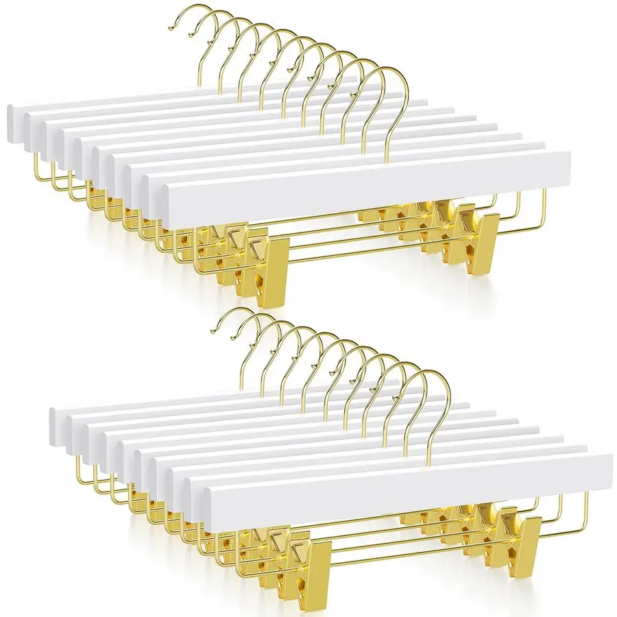 

Белые деревянные вешалки для брюк с золотистыми зажимами, 20 штук, для юбок, шорт, джинсов, брюк, с поворотным крючком на 360° и регулируемой длиной.