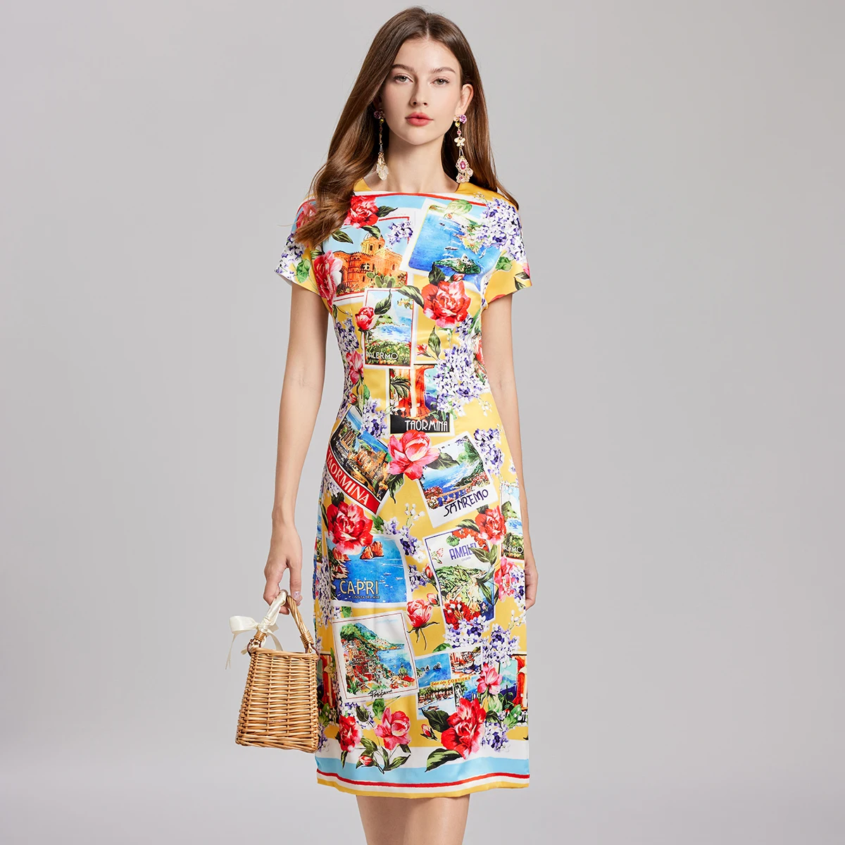 Runway New Summer Letters Postcard Print Floral Midi Long Rose Dress Women Short Sleeve Sheath Pencil Party Vestidos Female