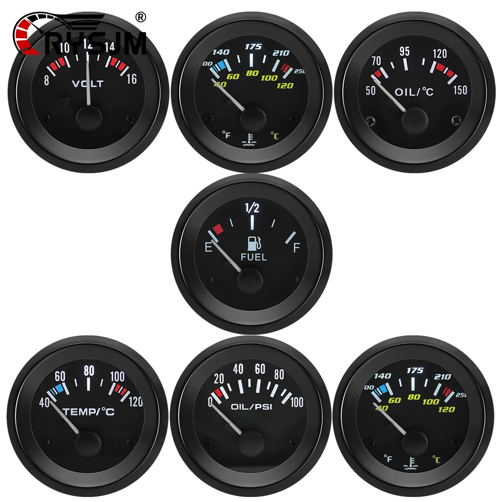 

2" 52MM Black Water Temperature /Oil Temperature/Oil Press Psi/Voltmeter/Fuel Level Gauge Car meter with Bracket Pod Holder 12V