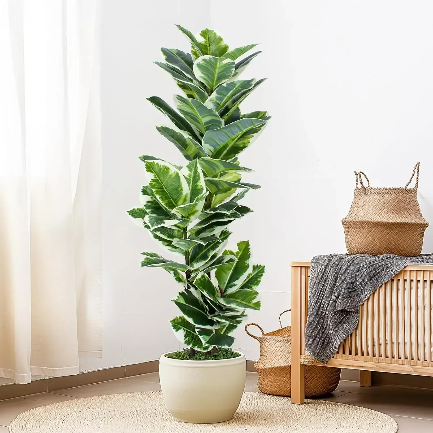 

35-150cm Artificial Variegated Rubber Tree Plant Fake Ficus Elastica Floor Plant for Home Living Room Office Nordic DIY Decor