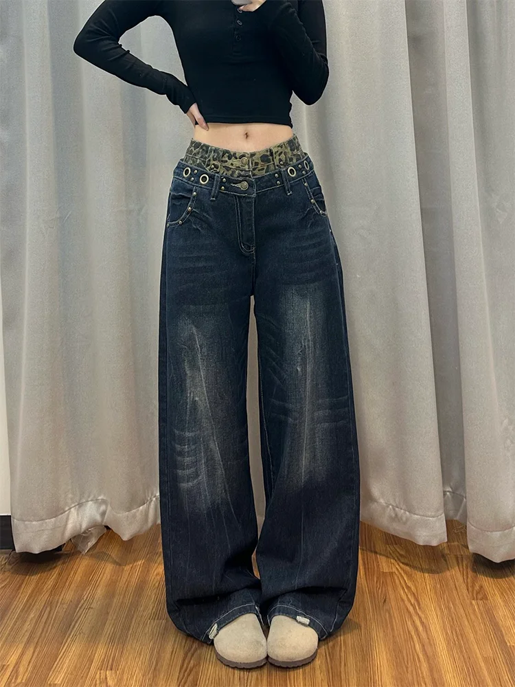 

Свободные джинсы с широкими штанинами для женщин, повседневные, с высокой талией, в стиле пэчворк, с двойным поясом, удобные, свободного кроя, больших размеров.