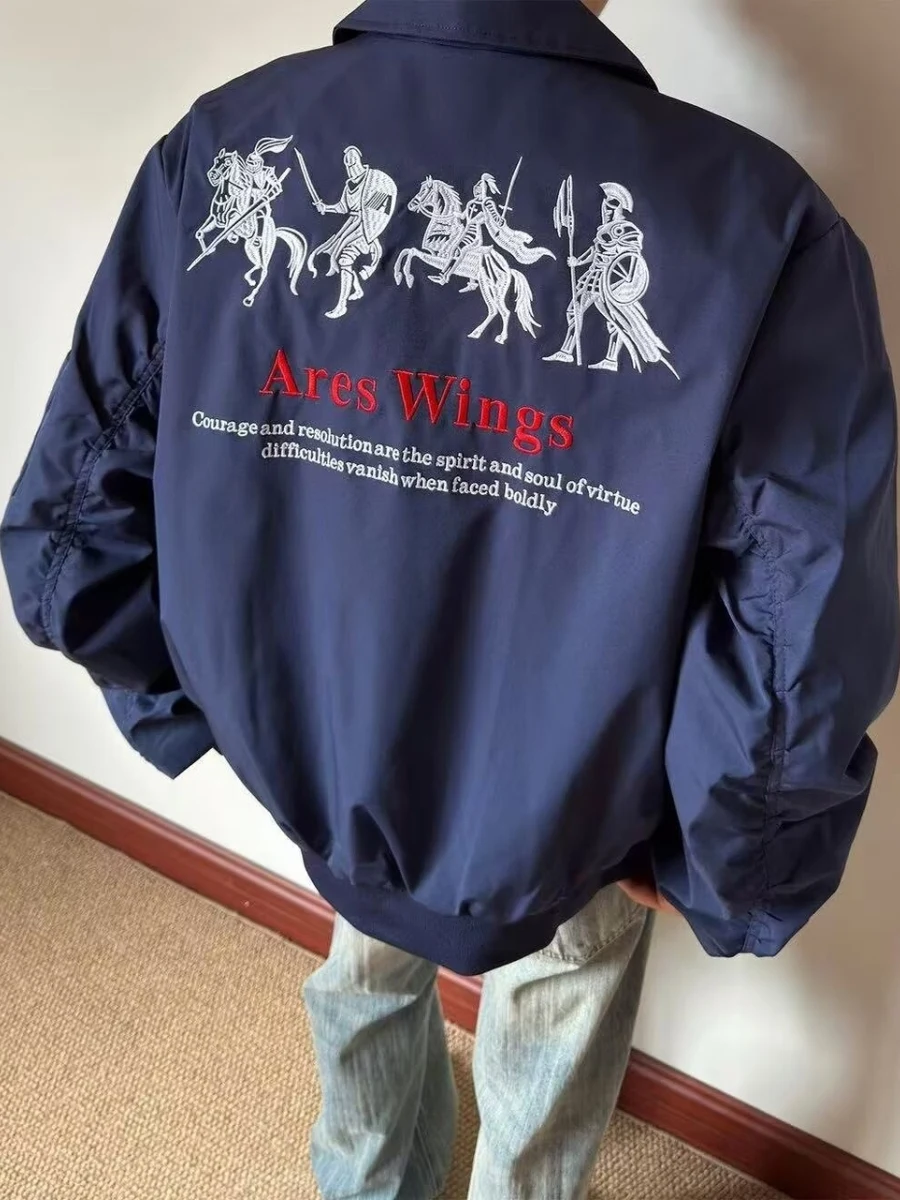 

Retro American Sparta War Embroidered Pilot Jaet Loose Casual ex Outerwear for Couples Spring Autumn Polyester