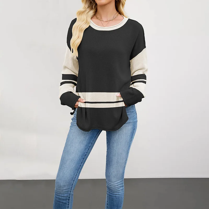

Autumn Winter Knitted European and American Women's Clothing Color Block Round Neck Loose Versatile Pullover Sweater 202