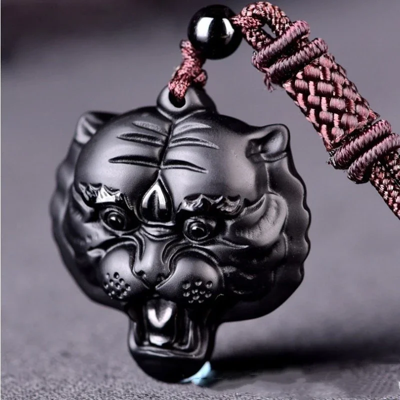 

Natural Black Obsidian Hand Carved Tiger Head Pendant Fashion Boutique Jewelry Men's and Women's Zodiac Necklace Gift Accessorie