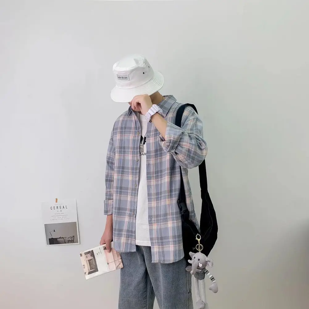 تي شيرت رجالي مطبوع منقوش ، سترة بأكمام طويلة بسيطة ، قميص فضفاض غير رسمي ، قمم كبيرة الحجم ، عصرية