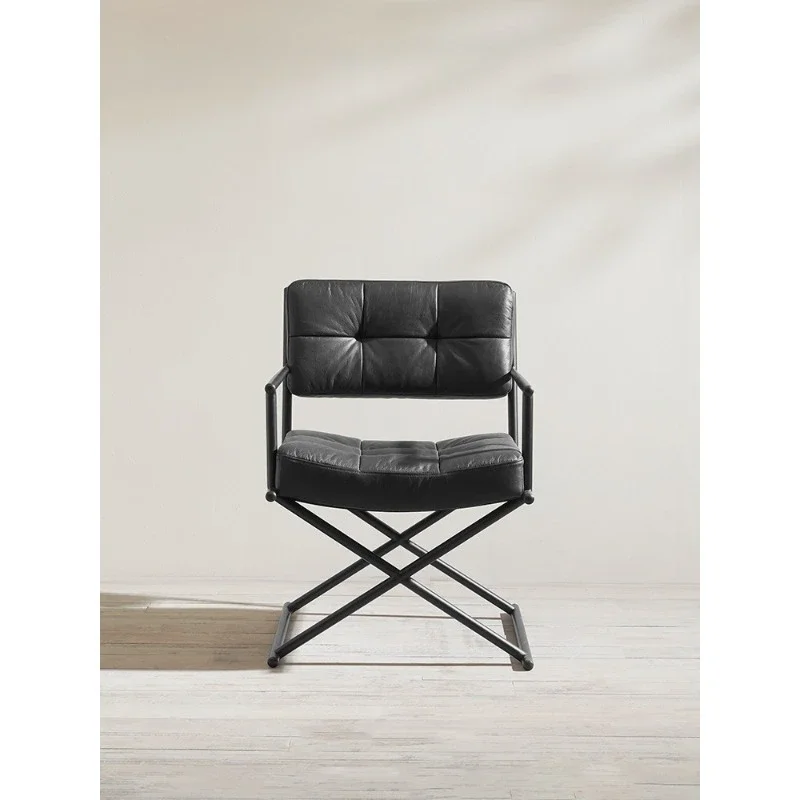 Italian minimalist black first-layer cowhide wrought iron sofa chair, Nordic retro light luxury office chair designer furniture