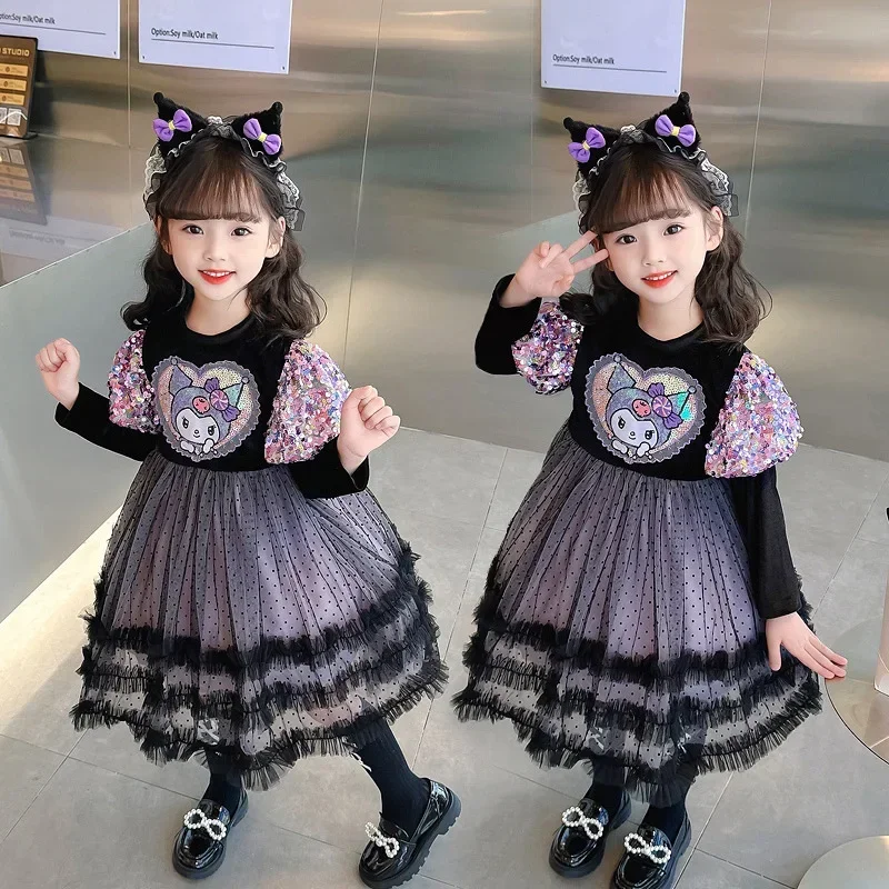 Sanurgente-Robe de princesse Kuromi pour filles, jupe Lolita mignonne, tenue de carnaval pour enfants, costume de cosplay, fête d'anniversaire, anime, Halloween