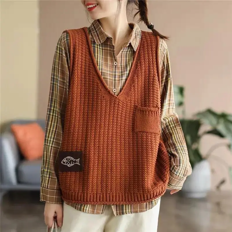 Chaleco de punto con cuello en V y etiqueta Vintage para mujer, Jersey informal de gran tamaño, versión coreana, primavera y otoño, 2023