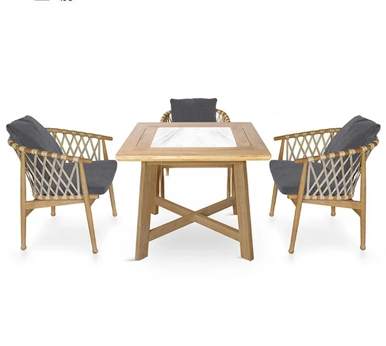 

Furniture Modern 8-Seater Outdoor Dining Table Set New Design Solid Teak with Rattan and Wicker Chairs Aluminum Frame
