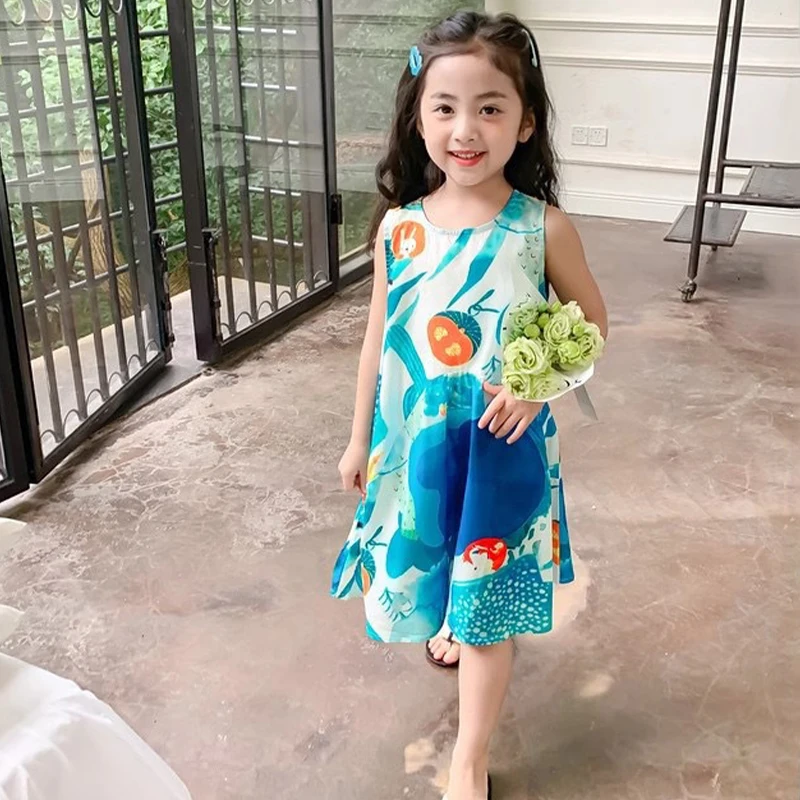 Girls Dress Summer New Girls Fashion Sleeveless Tie Dye Dress 3-10 Years Old Children Sweet Princess Dress