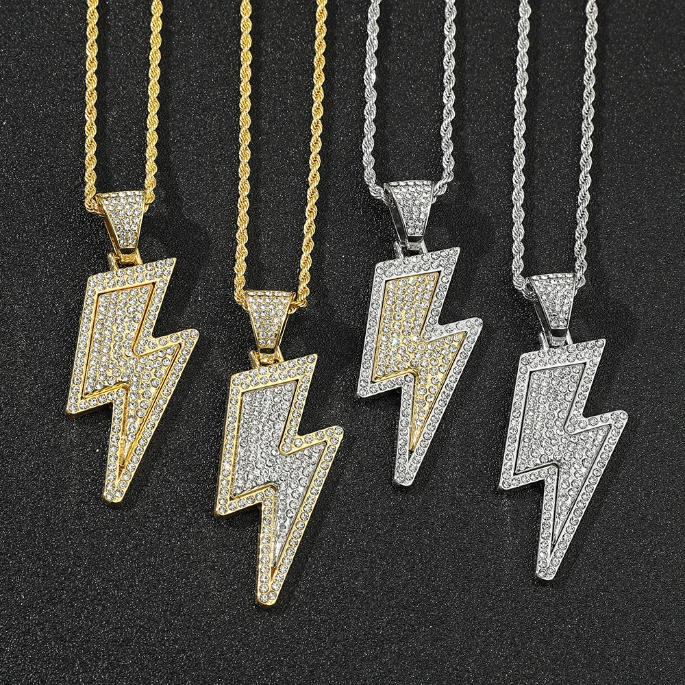 Iced Out CZ Crystal Lightning Sign Pendant Necklaces for Men Teen Boys Hip Hop Gold Color Chains Accessories Jewelry Gifts