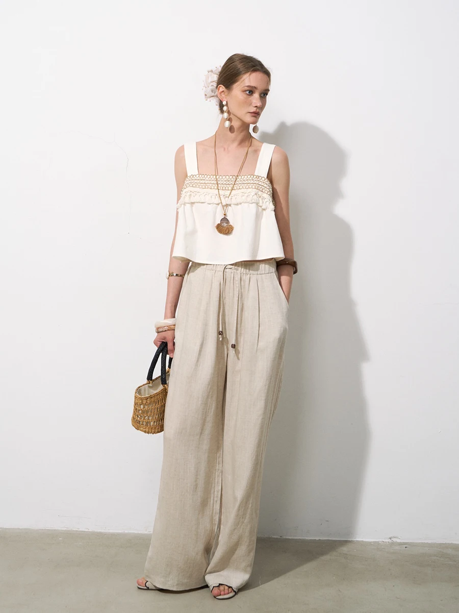 

Dee Sicile 00% Linen Casual Pants Loose Elastic Waist Straight Leg Wide Leg Women's Dstring Casual Trousers