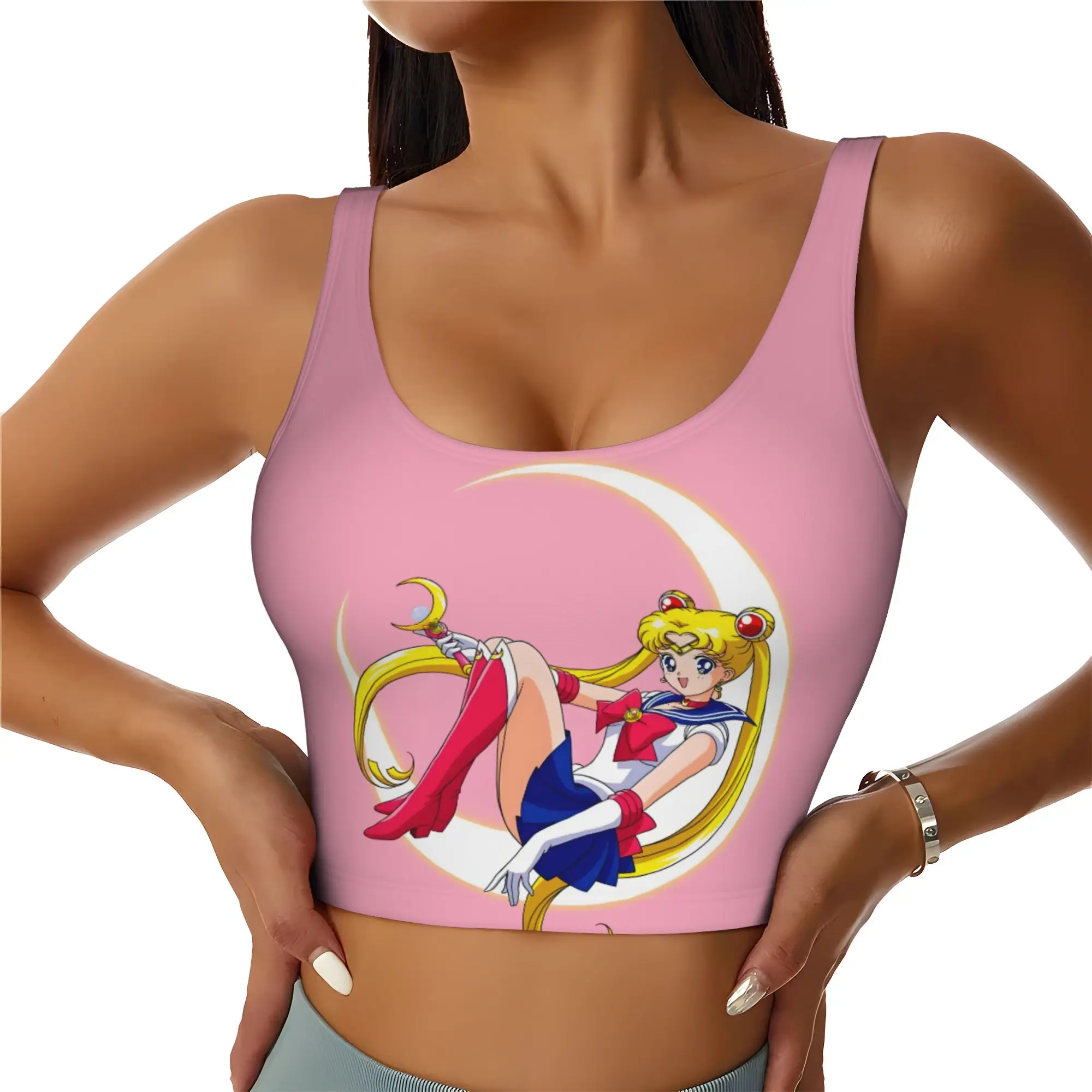 Custom Women's Sailors Anime Moons Sports Bra Usagi Tsukino High Impact Gym Workout Yoga Crop Tank Tops