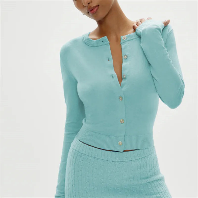 

hirigin Knitted Fashionable Casual Cardigan Top Solid Color Round Neck Long Sleeved Slim Fit Winter Fall Button Sweater Tops