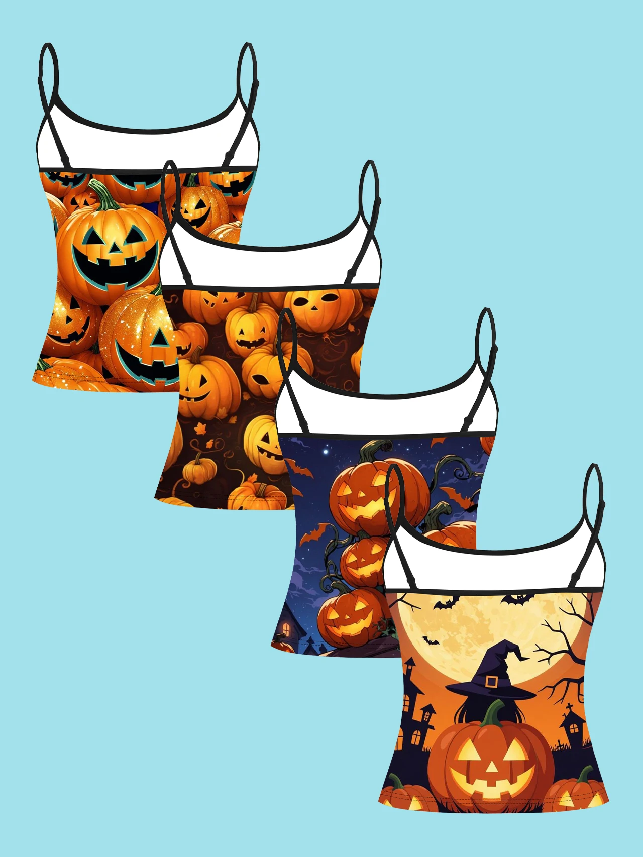 4-Piece Set of Halloween Pumpkin Lantern Women's Camisoles, Full Moon Bat Witch Dark Castle All-Over Print Slim-Fit Spaghetti Strap Short Camisole Tops
