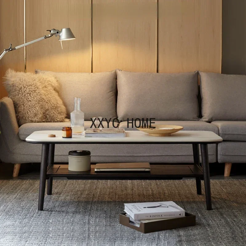 

Solid Wood Coffee Table Living Room Stone Plate Tea Table Small Apartment Simple Black Small Tea Table