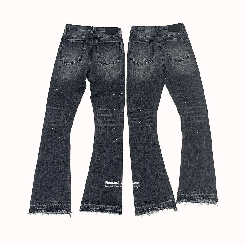 Firmranch Korean Stylish Streetwear Curved Knife Jeans For Men Women Splash-ink Charcoal Grey Micro-flared Bootcut Denim Pants