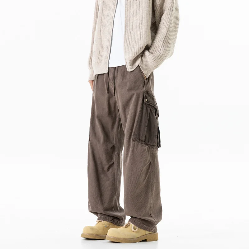 

Men's Casual Style Three-Dimensional Bag Workwear Pants Worn-In Washed Texture Straight Leg Loose Fit Twill Cotton for Spring Au