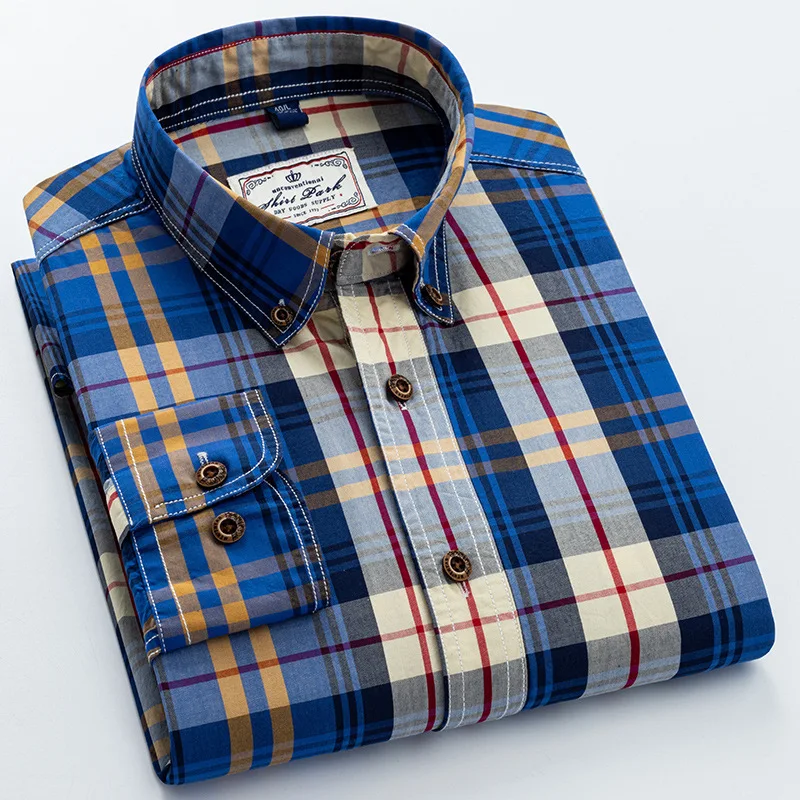 

2026 Spring New Men's Fashion Colorful Checkered Whole Cotton Shirt Pocket Long Sleeve Slim-Fit Office Button-down Male Shirts
