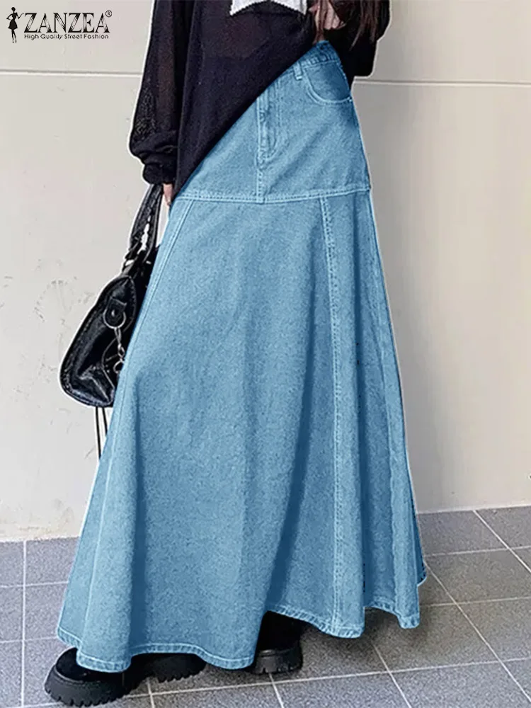 Casual Patchwork A-Lijn Maxi Rok Zanzea Vrouwen Denim Lange Rok 2024 Zomer Mode Hoge Taille Jupe Elegante Wrap Lange Faldas