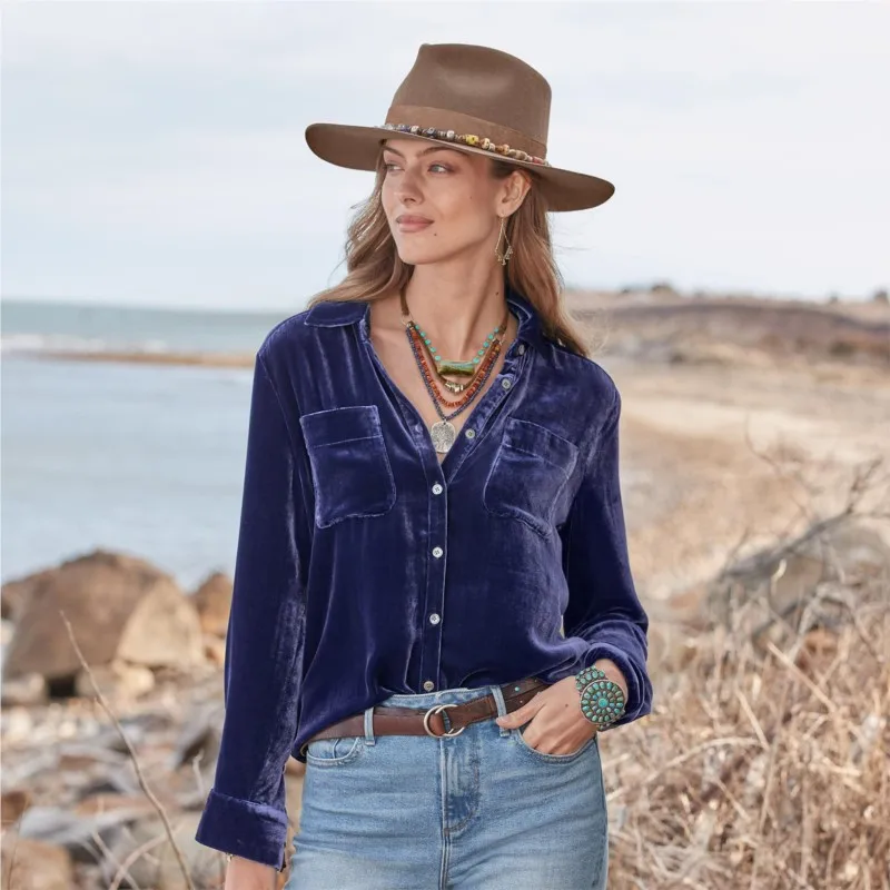 Velvet Single Breasted Shirt For Women New Style Long Sleeve Loose Fit Pocketed Versatile Layering Blouse Ropa De Mujer