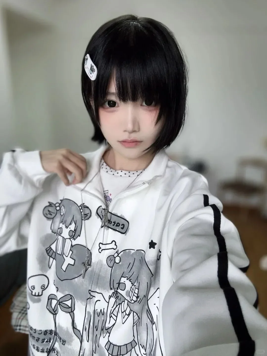 Kawaii أنيمي نمط زمم سترة المرأة الخريف الشتاء الوقوف طوق هوديي مع شريط كم فضفاض صالح الرسم طباعة معطف غير رسمي