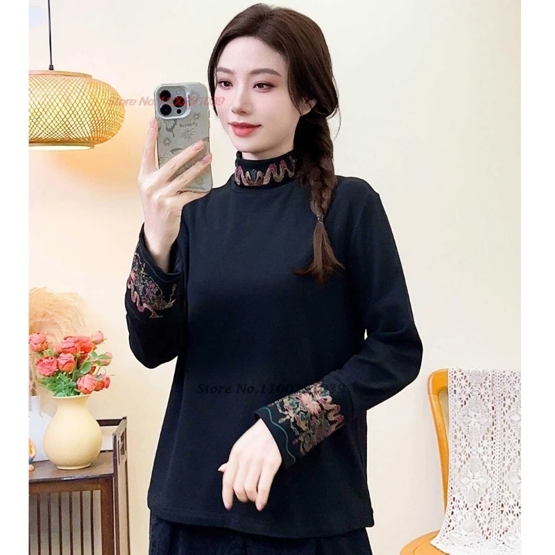 

2025 national flower embroidery stand collar shirt traditional fleece lined base shirt vintage hanfu top chinese vintage t-shirt