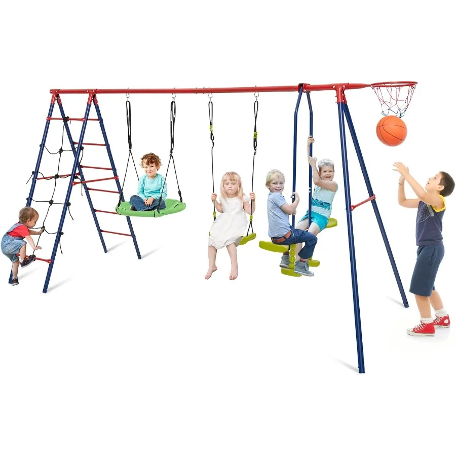 

550 lbs Heavy Duty Metal AFrame Swing Set for Backyard Outdoor Playground with Saucer Swing Belt Swing Glider Climbing Net and