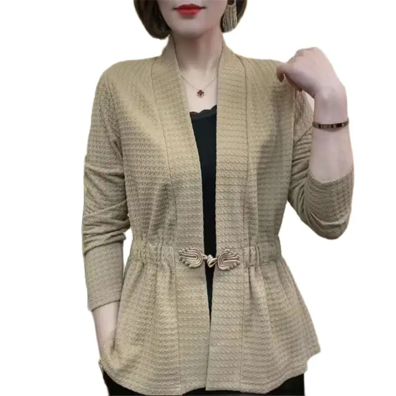 

Spring Summer Jacket Women 2023 New Loose V-Neck Thin Coat Coil Buckle Cardigan Tops Pure Colour Long Sleeve Outerwear Female