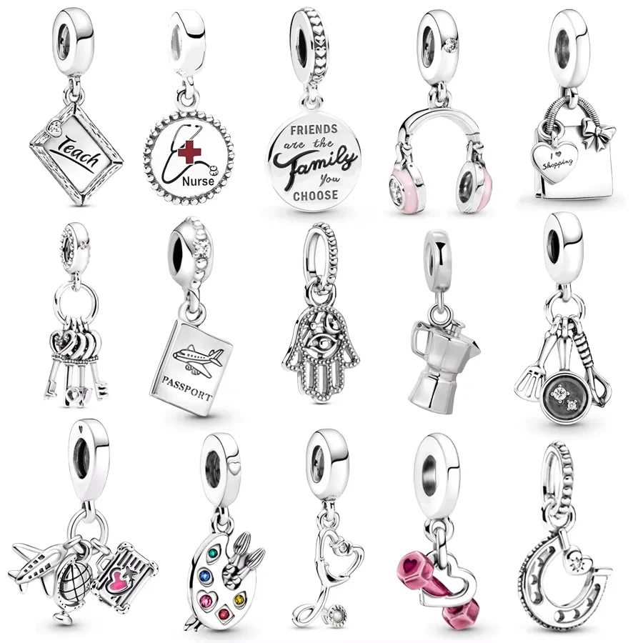 Fit Original Pandora 925 Sterling Silver Bracelet Bead Artist's Palette Stethoscope & Airplane Globe Dangle Charms Jewelry Beads