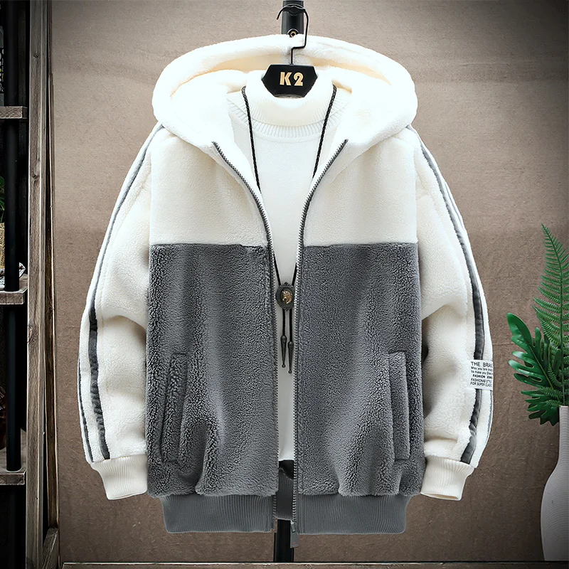 

Lamb Fur Jaet Men's Winter Thiened Double-sided Fce Warmth Cotton Coat Youth Casual Sle Hooded Zipper Closure Pure C...