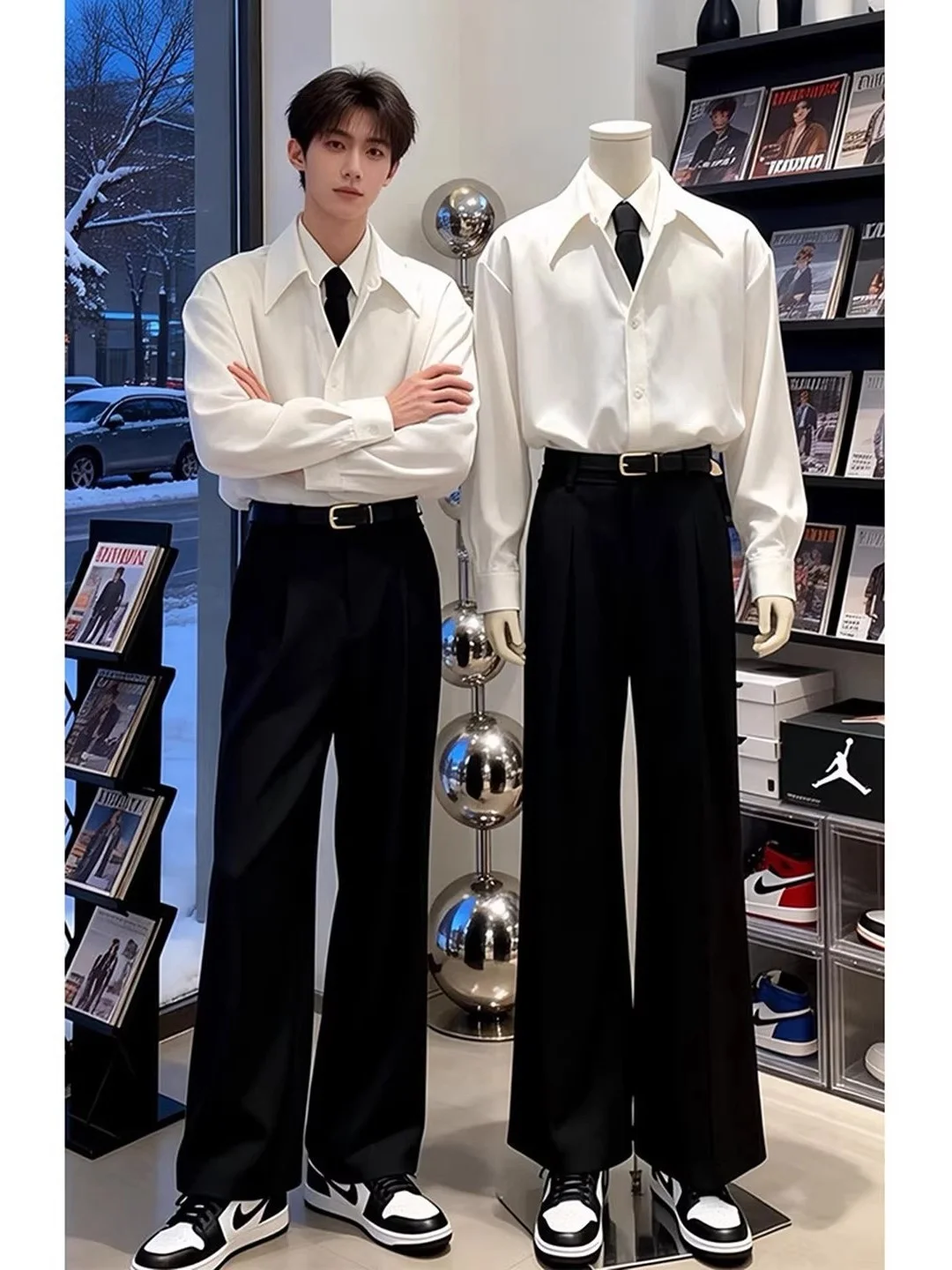 

American Style Men's Shirt White Drapey Long Sleeve Fake Two-Piece Spring Fashion Casual Wear Inner Match with Trousers