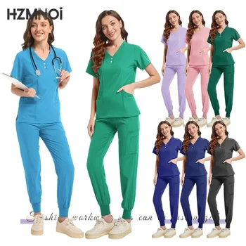 New Scrubs Set Medical Uniforms Stretch Scrub Tops With Pocket Pants Nurse Uniform Doctor Surgery Overalls Beauty Salon Workwear