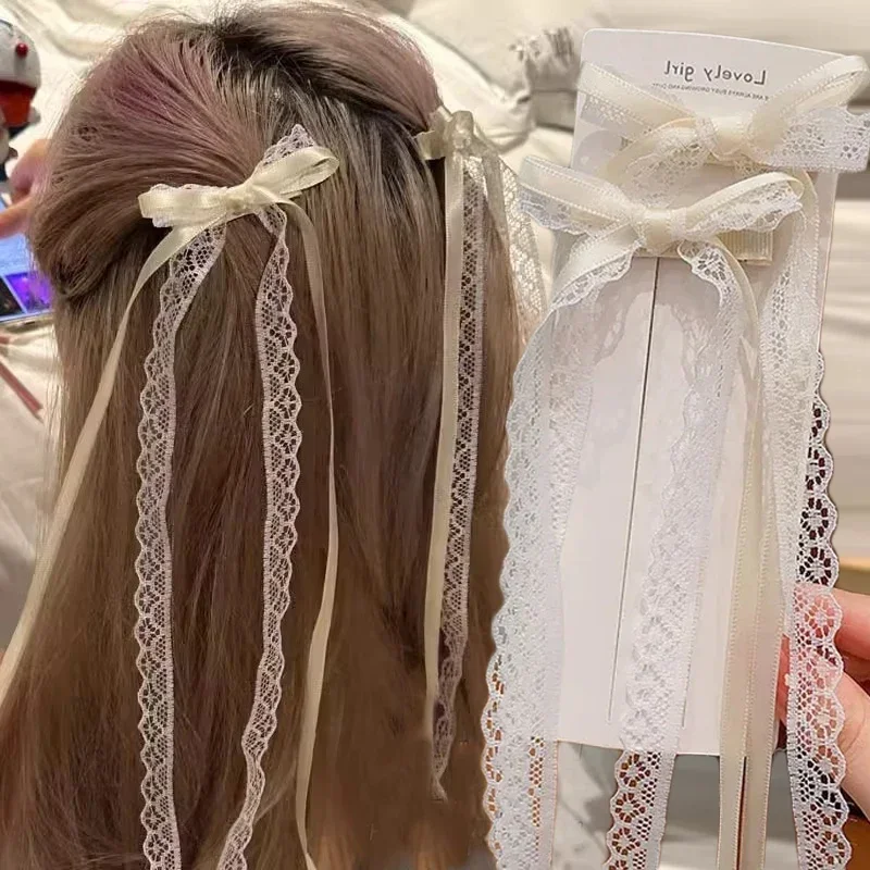 2 قطعة الدانتيل الأبيض الحلو طويل القوس مشبك شعر النساء الفتيات الشريط شرابة Bowknot دبابيس الشعر جديلة المشابك الاتجاه الجوف خارج أغطية الرأس