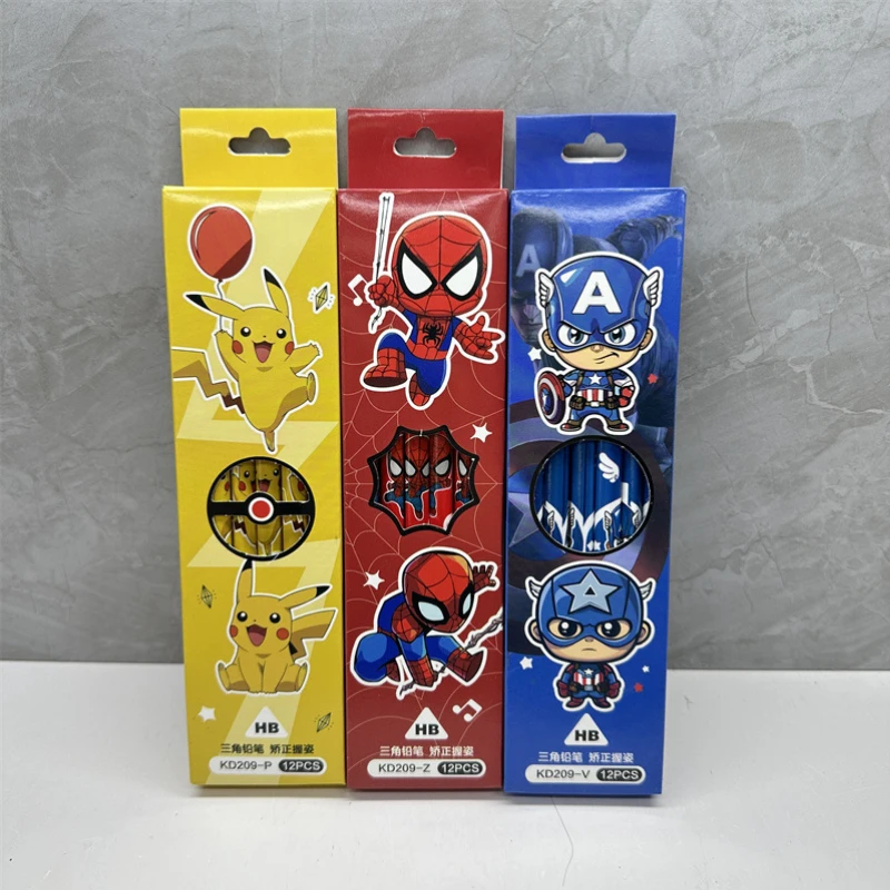 

12pcs/set Pikachu/Spider-Man/Captain America HB Pencils Triangular Grip Kids Writing Pencils for School Students