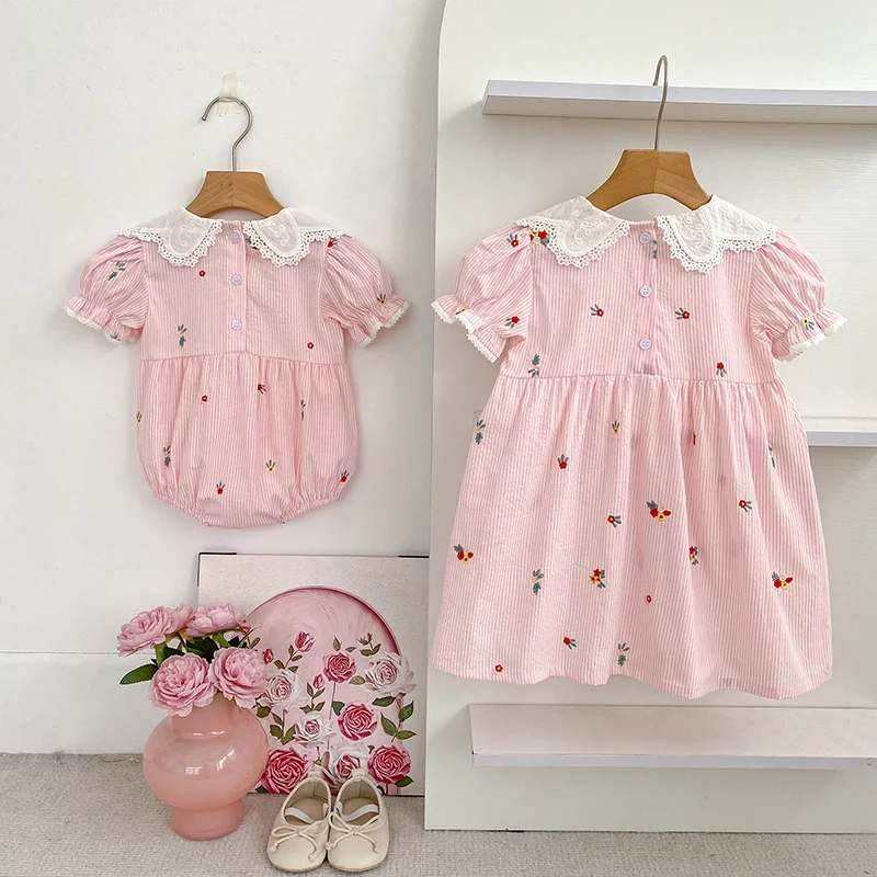 2026 Summer 0-24M Baby Girl Embroidery Collar Bodysuit 2-6Yrs Kid Sweet Party Short Sleeves Lace Collar Dress Pink Sister Dress view 4