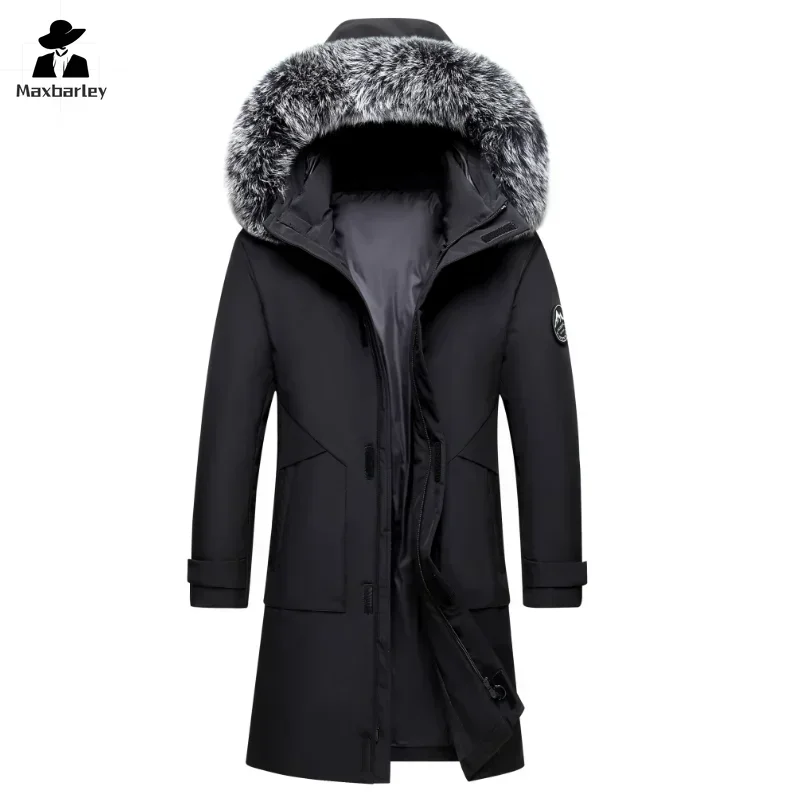 Chaqueta larga de invierno para hombre, abrigo ligero de lujo a la moda con capucha y cuello de piel grande, plumón de pato blanco cálido, Parka